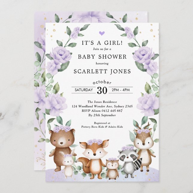Invitación Lilac Woodland Animales Floral Wreath Baby Shower (Anverso / Reverso)