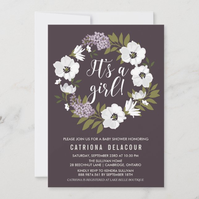 Invitación Lilac y Anemone Wreath es un Baby Shower Chica (Anverso)