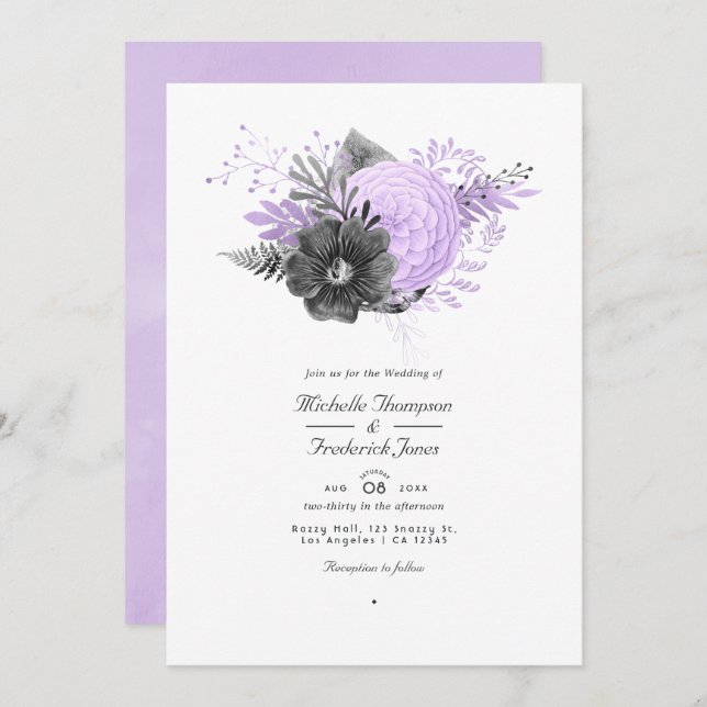 Invitación Lilac y Carbón Floral Código QR Boda RSVP (Anverso / Reverso)