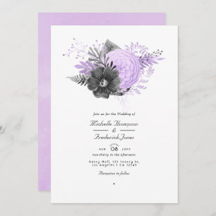Invitación Lilac y Carbón Floral Código QR Boda RSVP