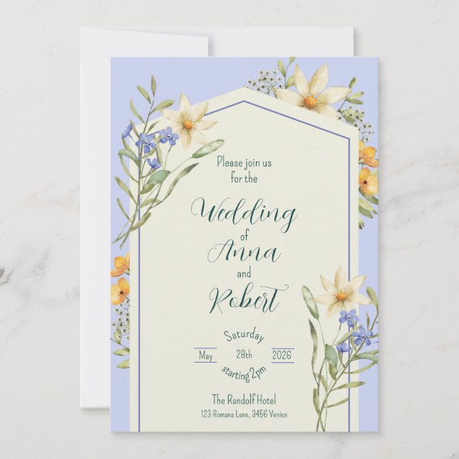 Invitación Lilac Y Flores Silvestres Blancas Boda Geométrico (Anverso)