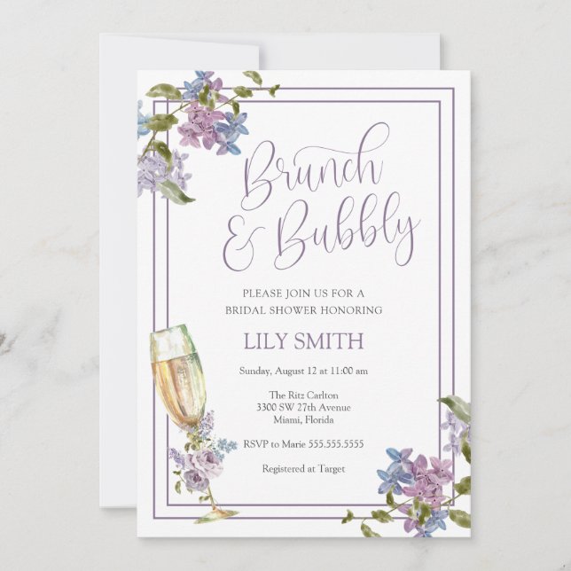 Invitación Lilac y Lavender Brunch y Bubbly Bridal Shower (Anverso)