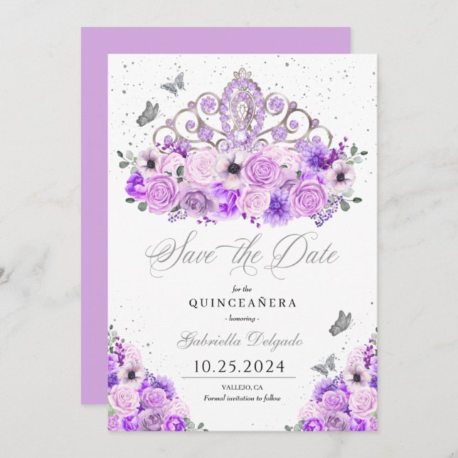 Invitación Lilac y Silver Tiara Salven La Fecha Quinceañera (Anverso / Reverso)