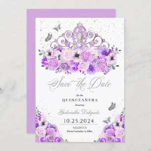Invitación Lilac y Silver Tiara Salven La Fecha Quinceañera