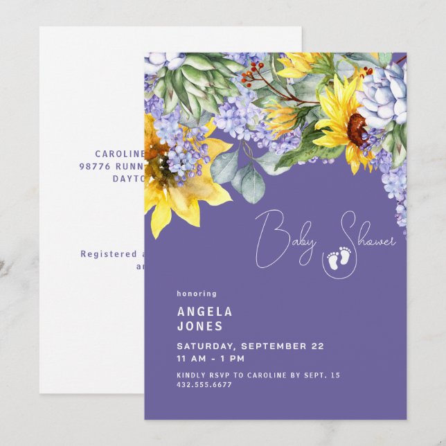 Invitación Lilac y Sunflower Floral Baby Shower (Anverso / Reverso)