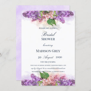 Invitación Lilacs de color morado y rosa ducha de novia
