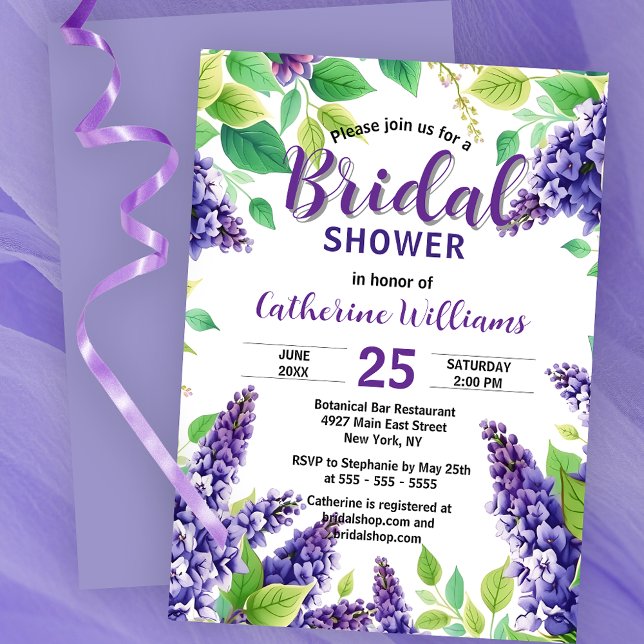Invitación Lilacs púrpura con ducha de novia con hojas verdes (Subido por el creador)