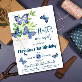 Invitación Lílago morado y mariposa azul temática 1er cumplea