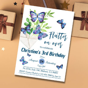 Invitación Lílago morado y mariposa azul temática 3 cumpleaño