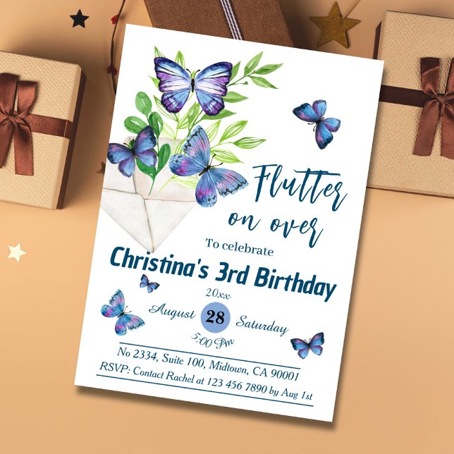 Invitación Lílago morado y mariposa azul temática 3 cumpleaño (Subido por el creador)