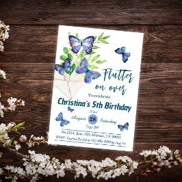 Invitación Lílago morado y mariposa azul temática 5 cumpleaño