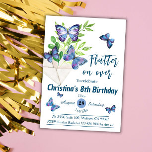 Invitación Lílago morado y mariposa azul temática 8 cumpleaño