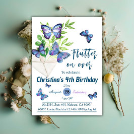 Invitación Lílago púrpura y mariposa azul con tema de cuarto 