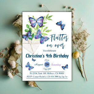 Invitación Lílago púrpura y mariposa azul con tema de cuarto