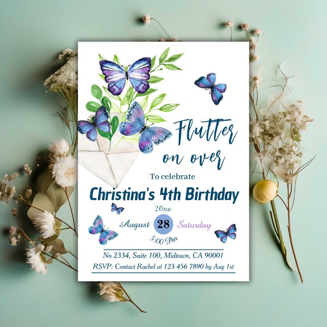 Invitación Lílago púrpura y mariposa azul con tema de cuarto  (Subido por el creador)