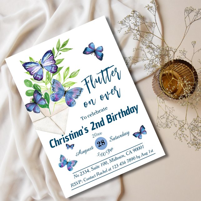 Invitación Lílago púrpura y mariposa azul temática 2º cumplea (Subido por el creador)