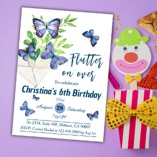 Invitación Lílago púrpura y mariposa azul temática 6 cumpleañ