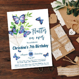 Invitación Lílago púrpura y mariposa azul temática 7 cumpleañ