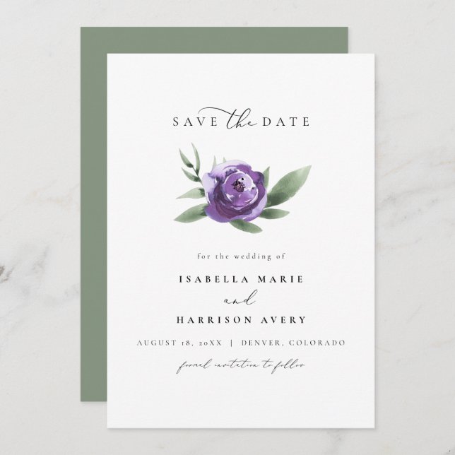 Invitación LILAH Elegant Purple Garden Floral Save the Date (Anverso / Reverso)