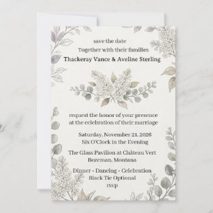 Invitación Lilas Blancas, Follaje de Eucalipto, Línea Botánic