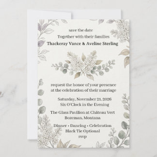 Invitación Lilas Blancas, Follaje de Eucalipto, Línea Botánic