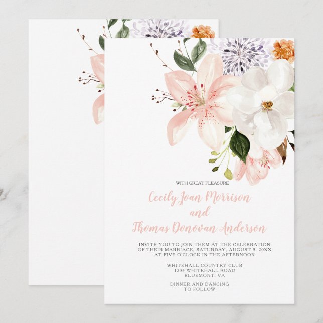 Invitación Lilias acuarelas, peonías, magnolias (Anverso / Reverso)