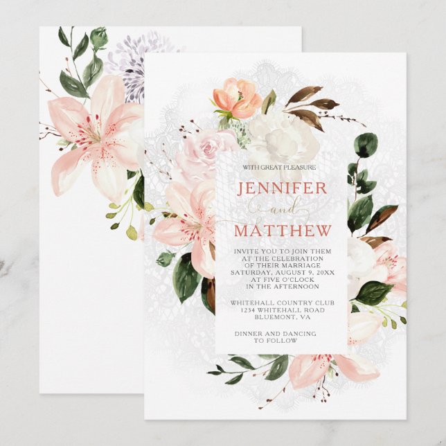 Invitación Lilias acuarelas, Rosas, peonías, magnolias (Anverso / Reverso)