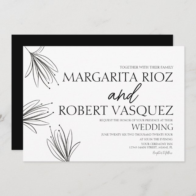 Invitación Lilies Hand Drawn Elegant Boda De Guión (Anverso / Reverso)