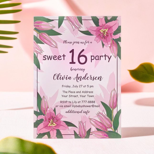 Invitación Lilies rosados florecientes dulces Dieciséis Fiest (Pink Blooming Lilies Sweet Sixteen Party Invitation)