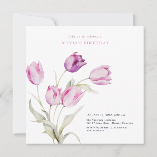 Invitación Lilios de Acuarela Morado Lila Elegante (Anverso)