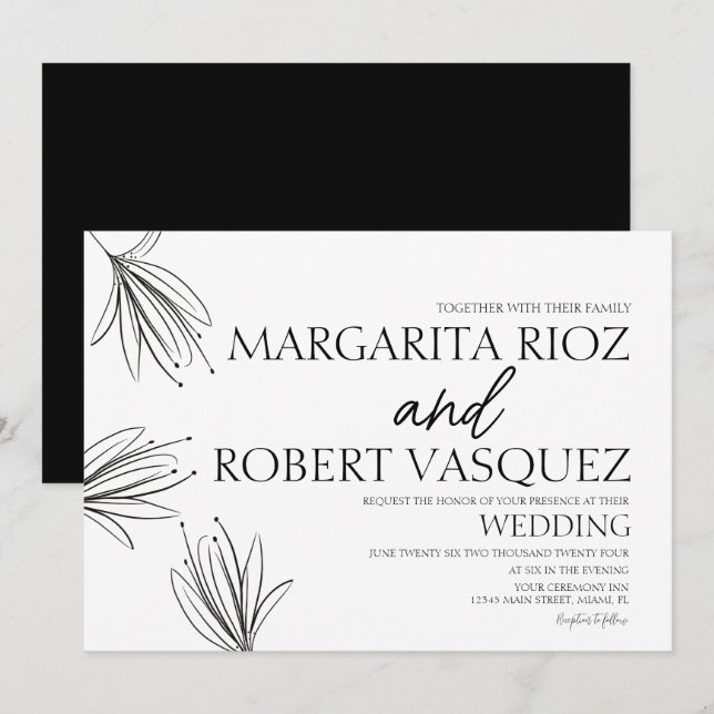Invitación Lilios Dibujadas a Mano Escritura Elegante Boda (Anverso / Reverso)
