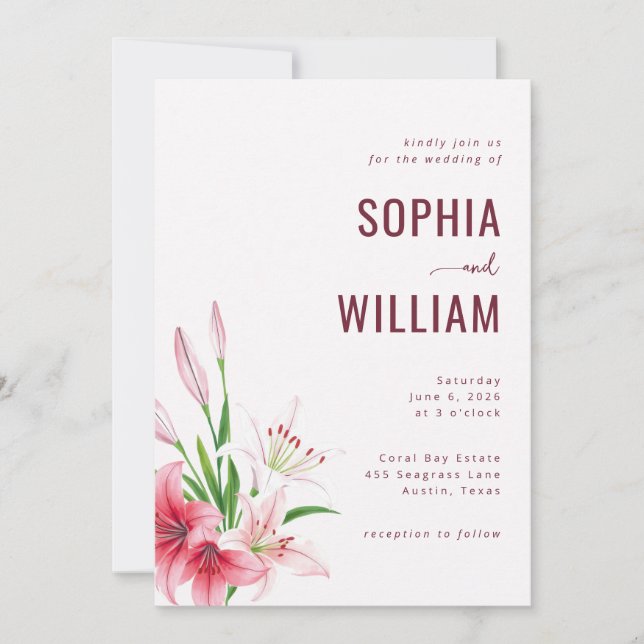 Invitación Lilios Florales Granates Elegantes (Anverso)