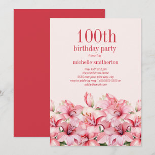 Invitación Lilios rosados elegantes 100 cumpleaños