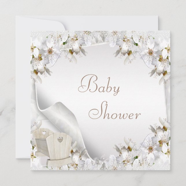 Invitación Lilis blancas y Baby Shower de cuna (Anverso)