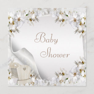 Invitación Lilis blancas y Baby Shower de cuna
