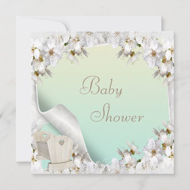 Invitación Lilis blancas y Baby Shower neutro en la cuna (Anverso)