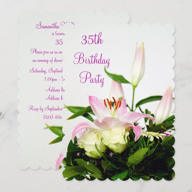 Invitación Lillies & Rosas Bouquet 35º cumpleaños (Anverso / Reverso)