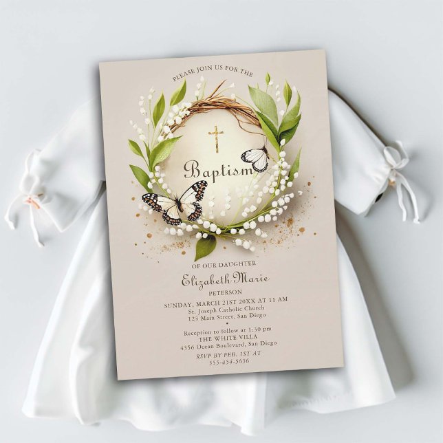 Invitación Lily Butterflies Cruza Wreath Elegante Bautismo Ch (girl baptism invitation whimsical butterflies lily valley watercolor elegant formal magical classy)