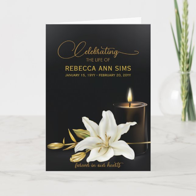 Invitación Lily Floral Black and Gold Funeral Program (Anverso)