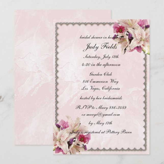 Invitación Lily Floral Boda de mármol rosa ducha de novia (Anverso / Reverso)