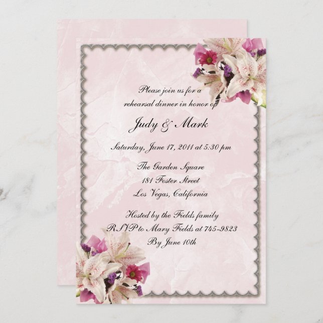 Invitación Lily Floral Boda de Mármol Rosa Ensayo Cena (Anverso / Reverso)