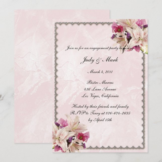 Invitación Lily Floral Pink Marble Boda Engagement Party (Anverso / Reverso)