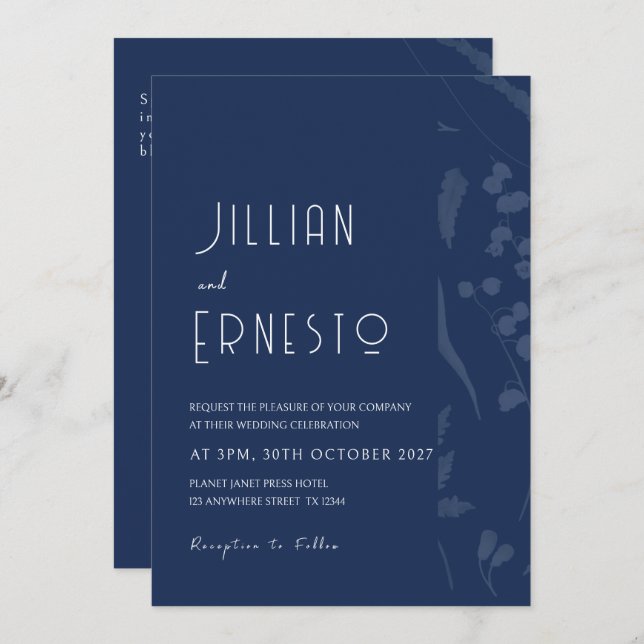 Invitación Lily of Valley || Azul profundo sólido con borde d (Anverso / Reverso)