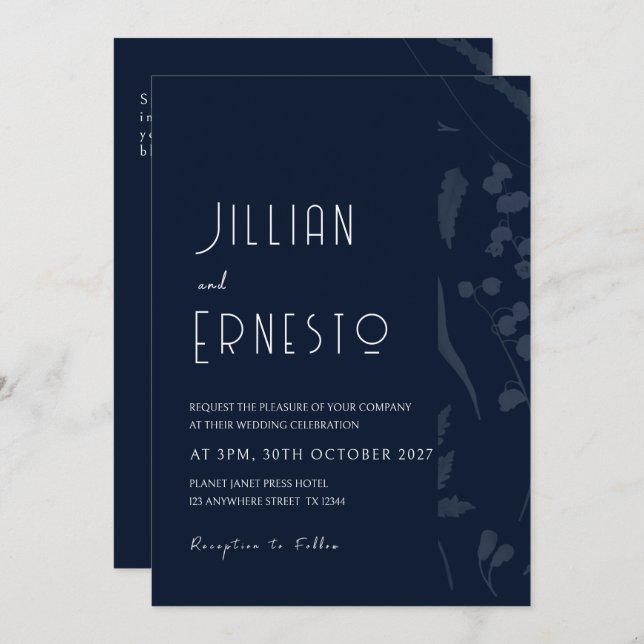 Invitación Lily of Valley || Borde negro sólido azul oscuro (Anverso / Reverso)