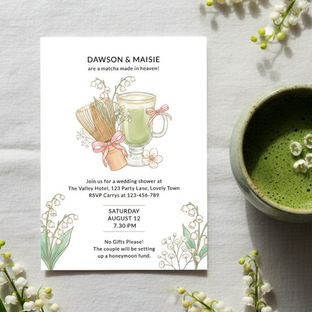 Invitación Lily of Valley Matcha Made in Heaven Couple Shower (Matcha made in Heaven couples wedding shower with matcha, pink bows and lily of the valley)