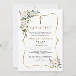 Invitación Lily Rosa Blanca Bautizo Con Flores Oro Bautismo 