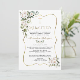 Invitación Lily Rosa Blanca Bautizo Con Flores Oro Bautismo