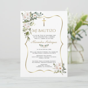 Invitación Lily Rosa Blanca Bautizo Con Flores Oro Bautismo
