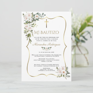 Invitación Lily Rosa Blanca Bautizo Con Flores Oro Bautismo