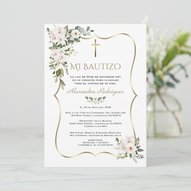 Invitación Lily Rosa Blanca Bautizo Con Flores Oro Bautismo  (Anverso de pie)